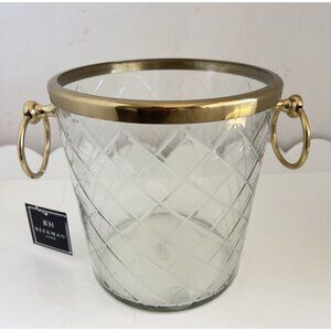 BEEKMAN HOME Ice Bucket Glass Brass Rim Ring Handles 7.5"D x 7.5"H Barware NICE